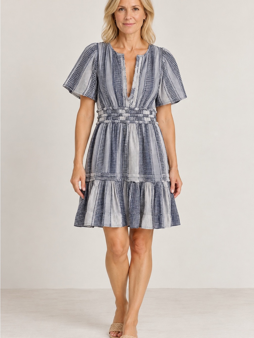 Blue Gingham Short Sleeve V-Neck Dress by Anthropologie